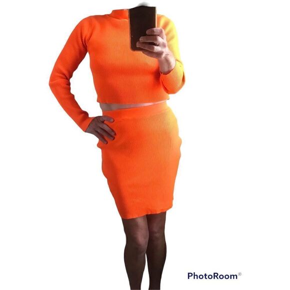 Y2K Adorable Highlighter Orange Two Piece Unit, Top-Size M, Skirt S. dopamine - Picture 2 of 9